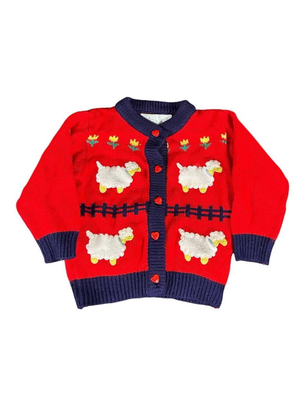 Vintage Class Club Red Knit Sheep Cardigan Sweater Heart Buttons Size 18 Months